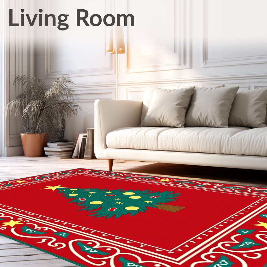 Red Christmas Tree Border Rug