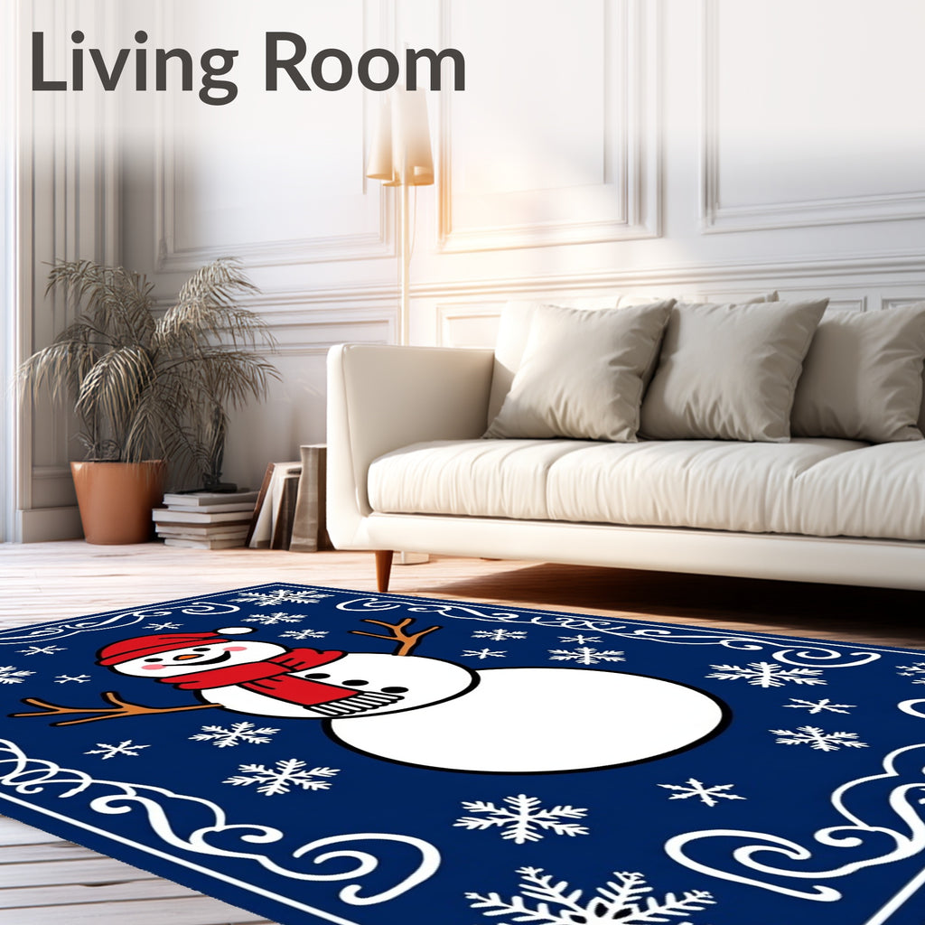 Charming Snowman With Snowflakes Border Rug