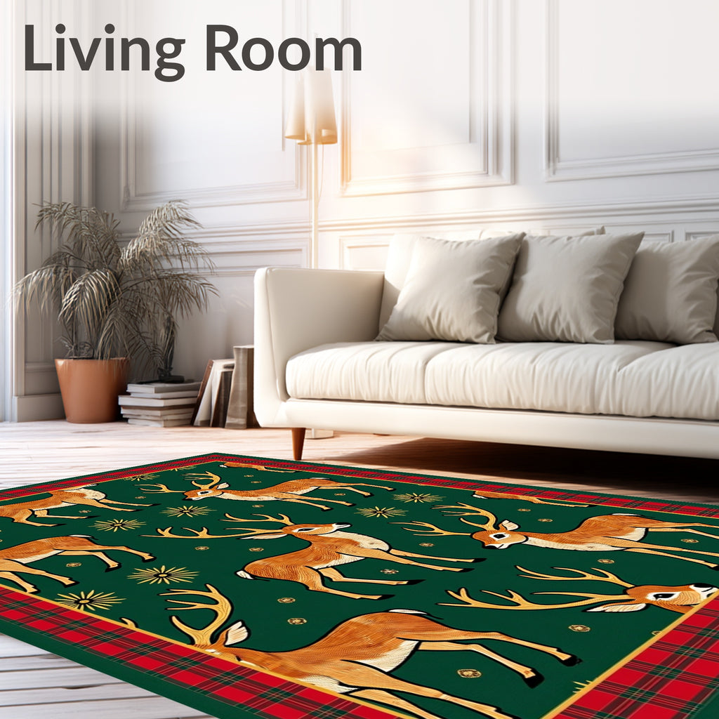 Gilded Deer Forest Plaid Border Rug