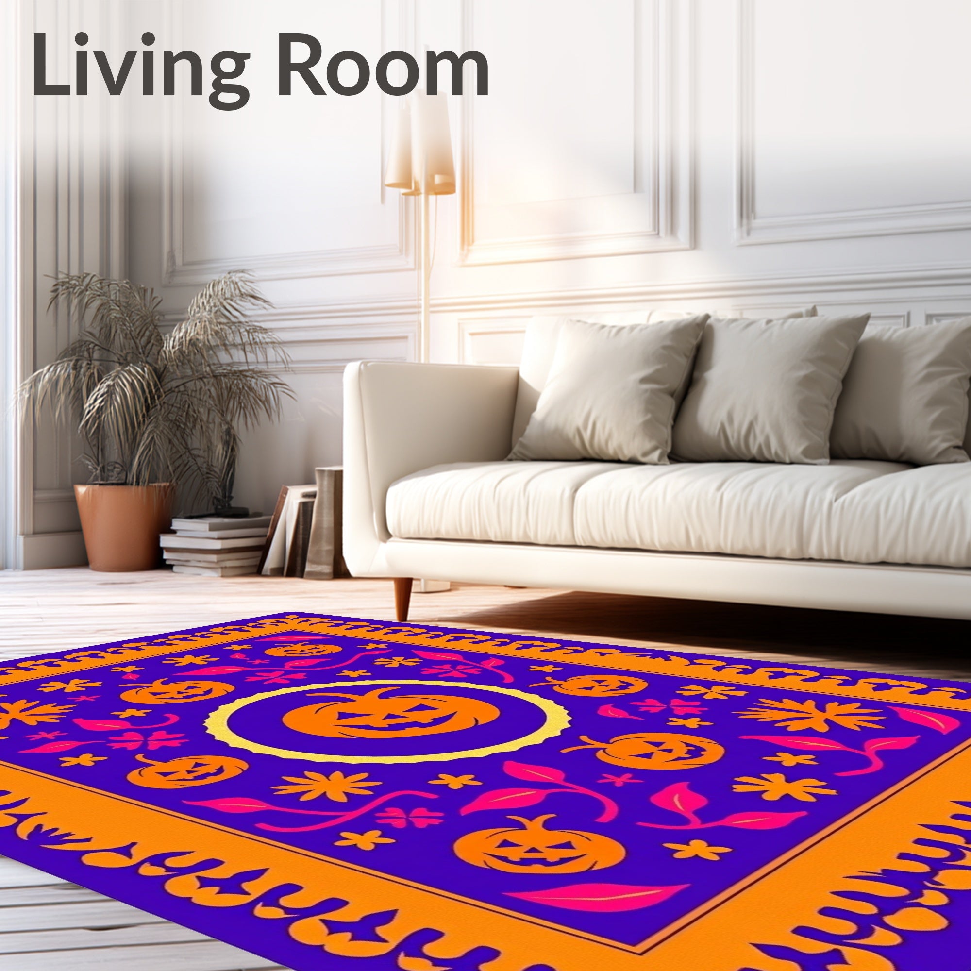 Whimsical Orange Pumpkin Floral Border Rug