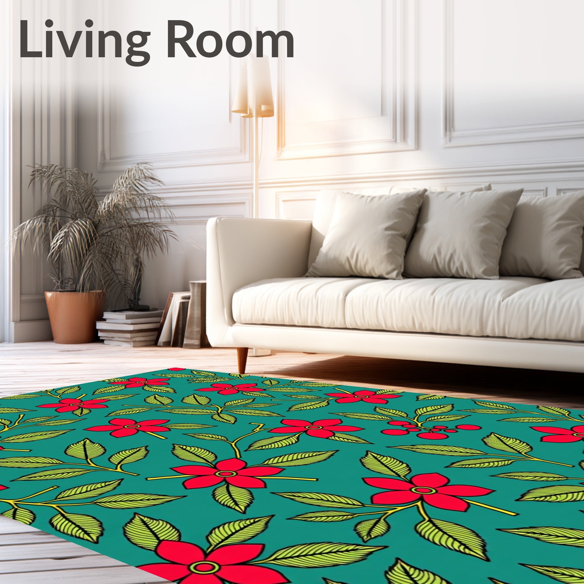 Teal Red Flower Berry Branch Rug