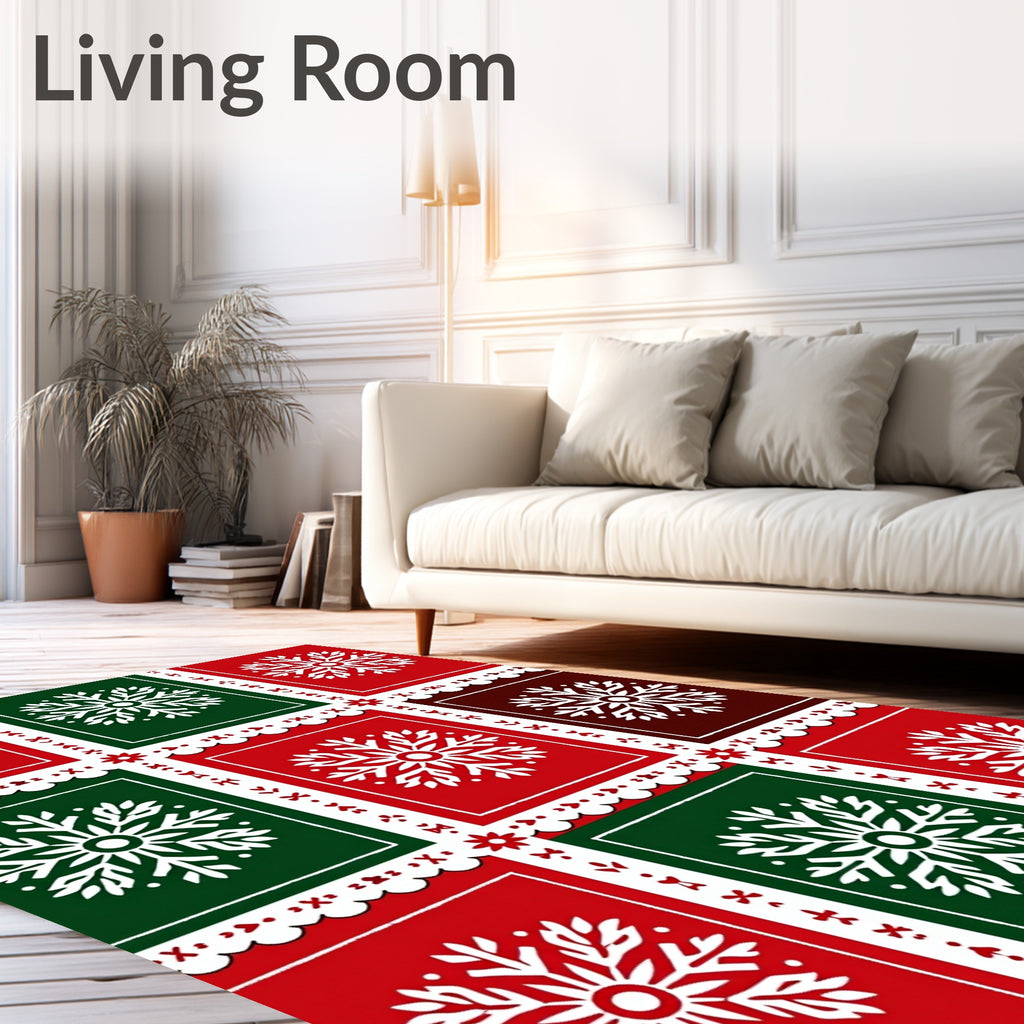 Festive Red Green Snowflake Collage Rug