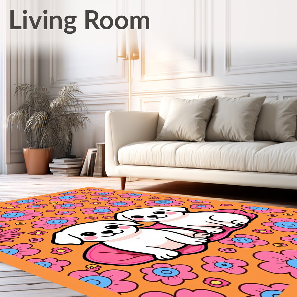 Cute Puppies Pink Floral Orange Background Rug