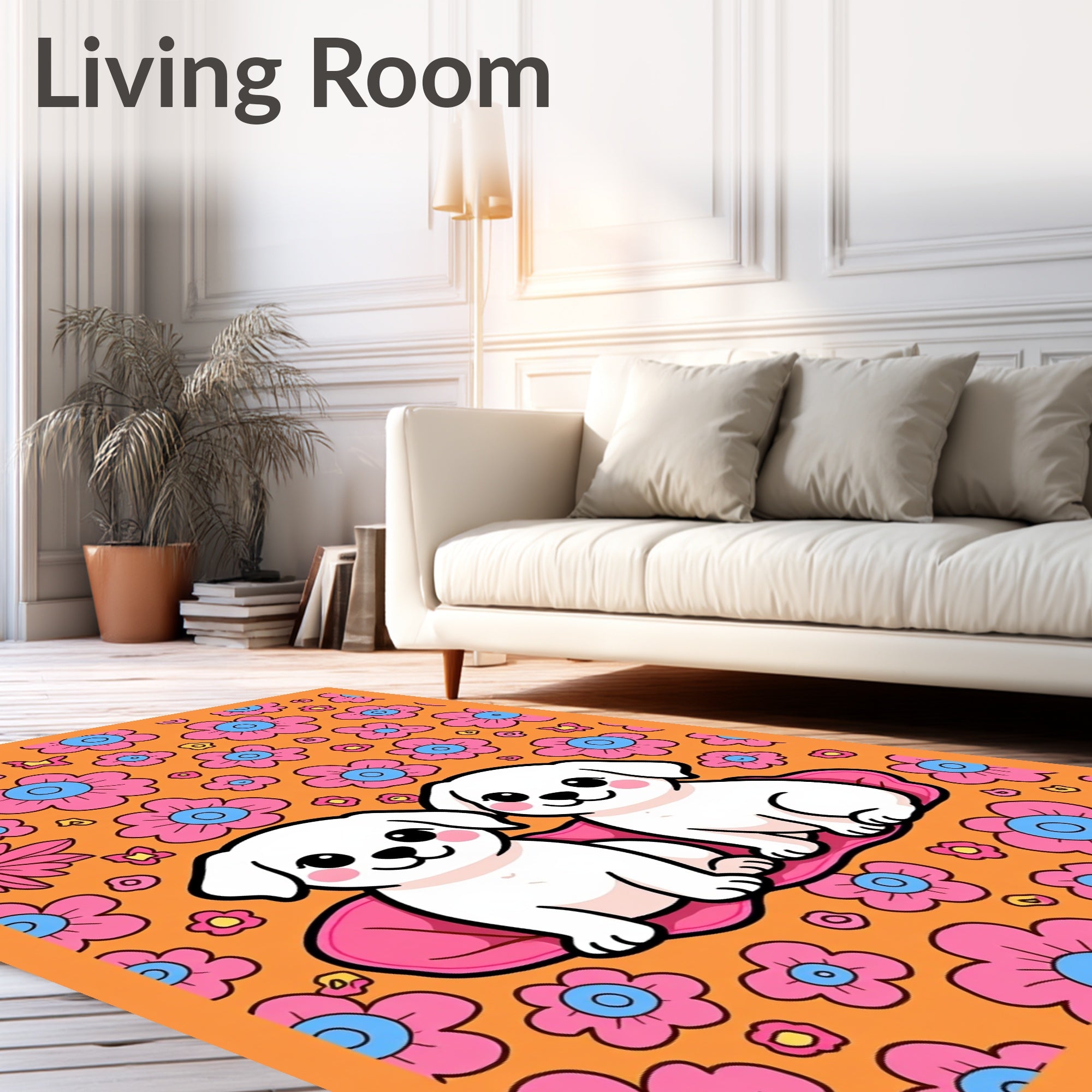 Cute Puppies Pink Floral Orange Background Rug