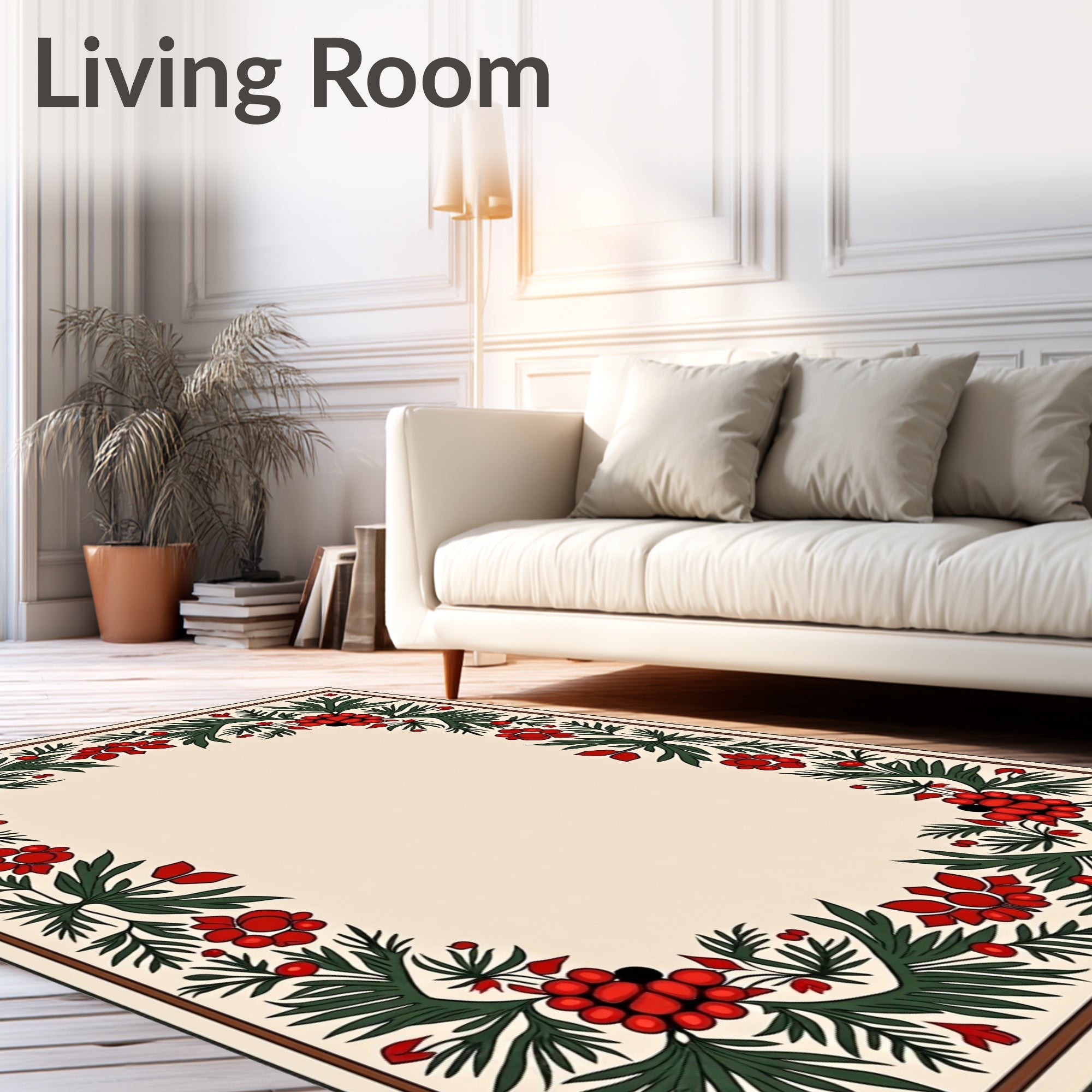 Red Berry Green Leaf Floral Border Rug