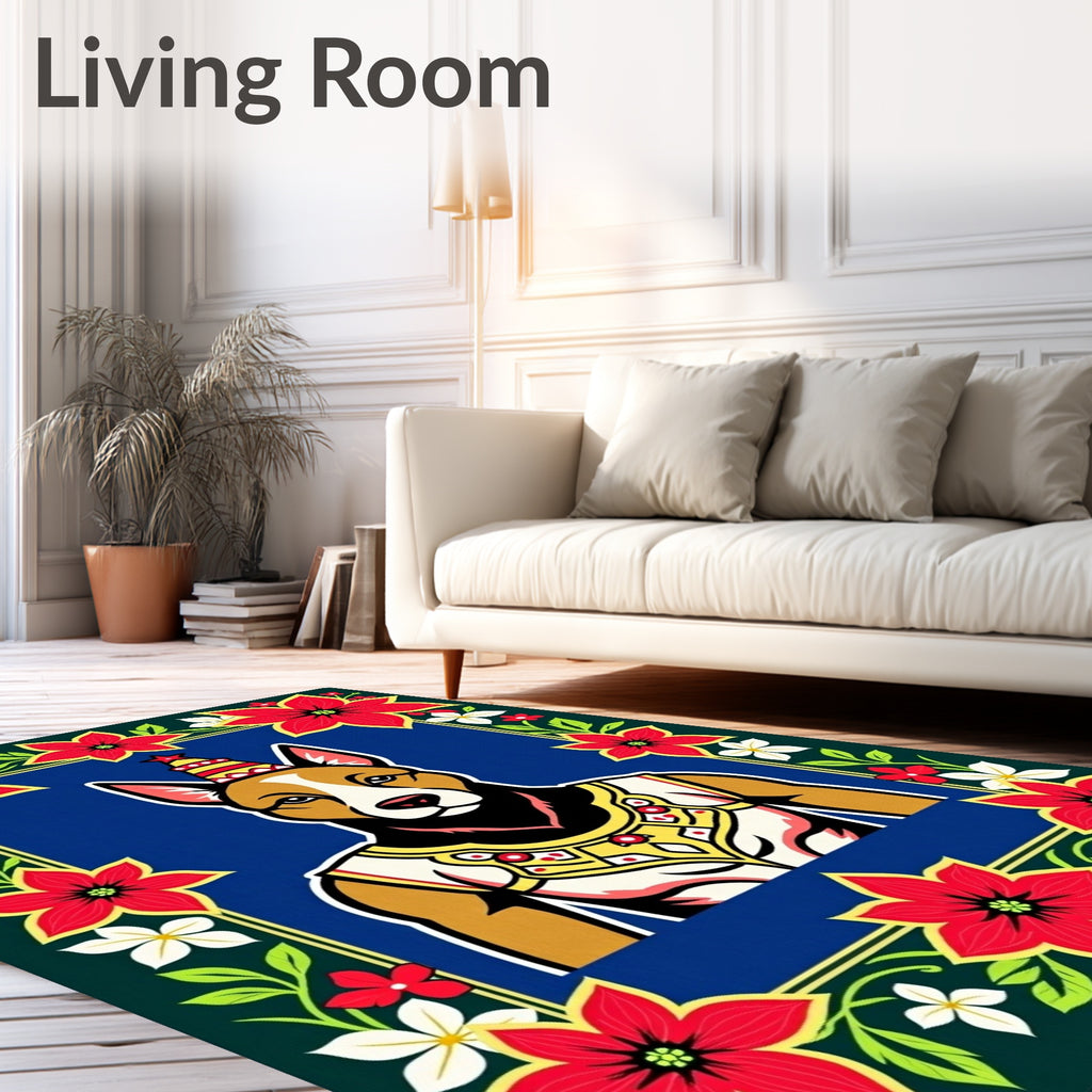 Festive Red Floral Border Dog Portrait Rug