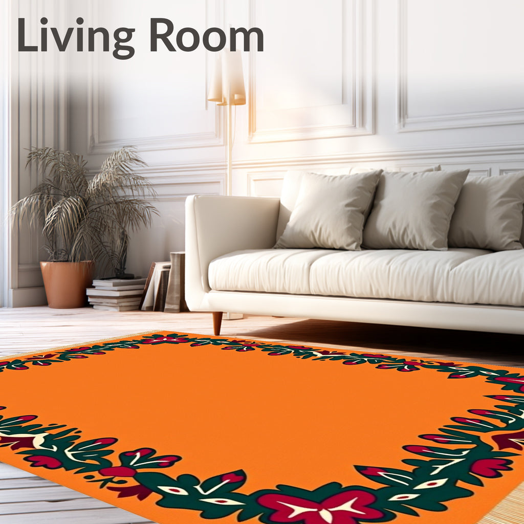 Vibrant Orange Floral Border Rug