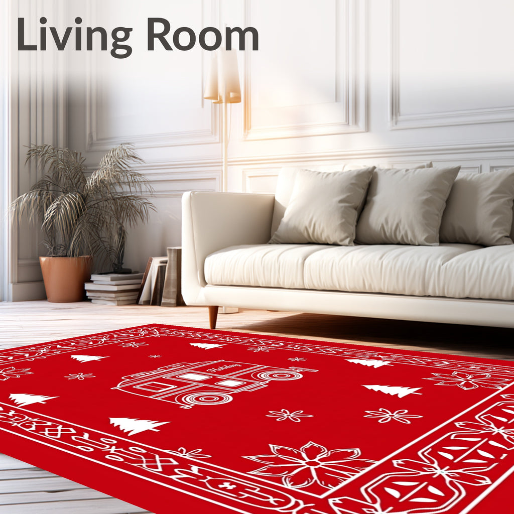 Red Camper Holiday Trees Poinsettias Border Rug