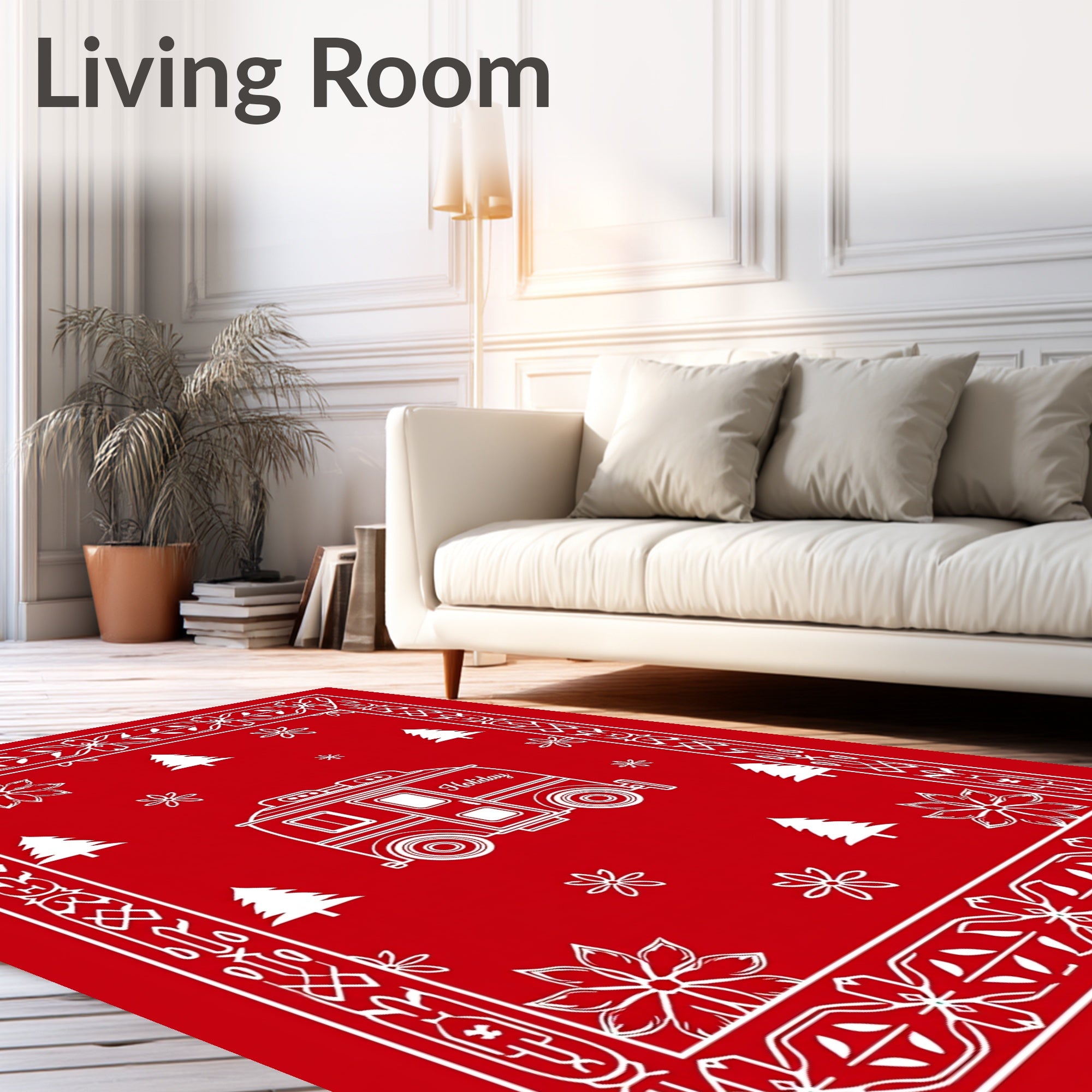 Red Camper Holiday Trees Poinsettias Border Rug
