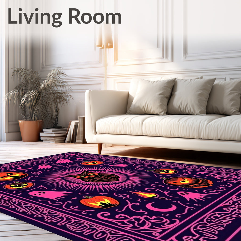 Spooky Owl Jack-o-Lantern Pink Ghost Medallion Rug