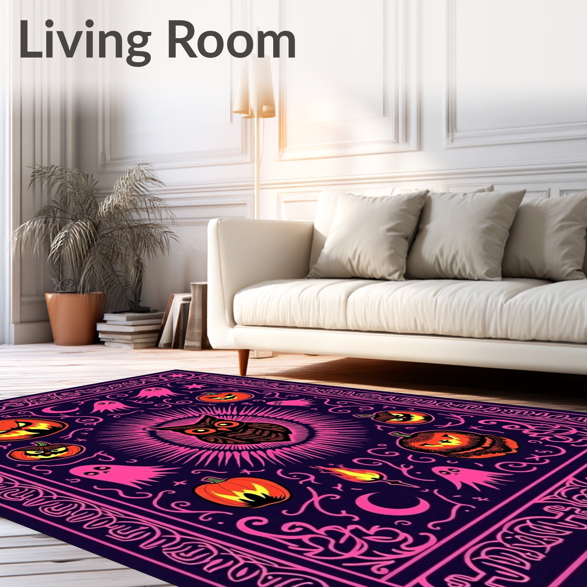 Spooky Owl Jack-o-Lantern Pink Ghost Medallion Rug