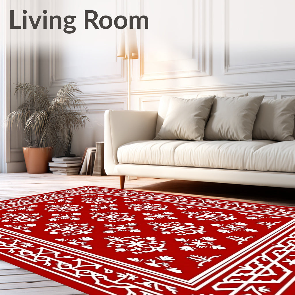 Vibrant Red White Medallion Border Rug