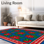 Red Poinsettia Blue Green Festive Rug