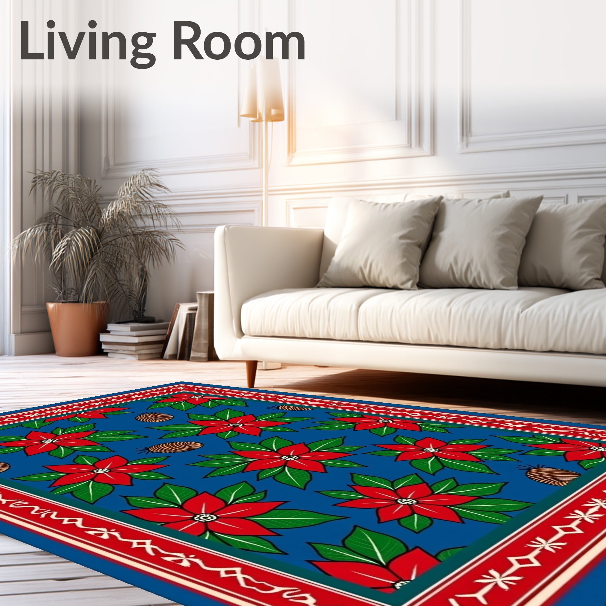 Red Poinsettia Blue Green Festive Rug