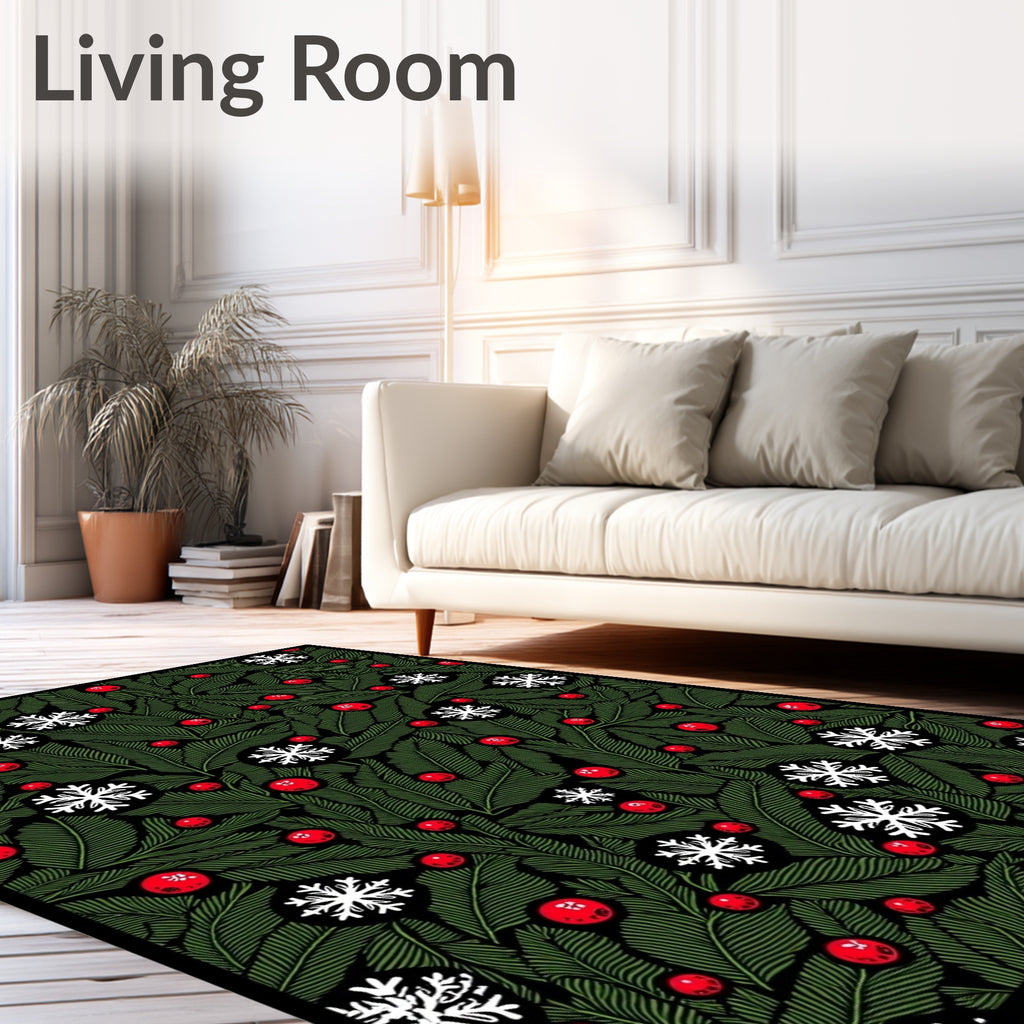 Festive Green Holly Snowflake Berry Rug