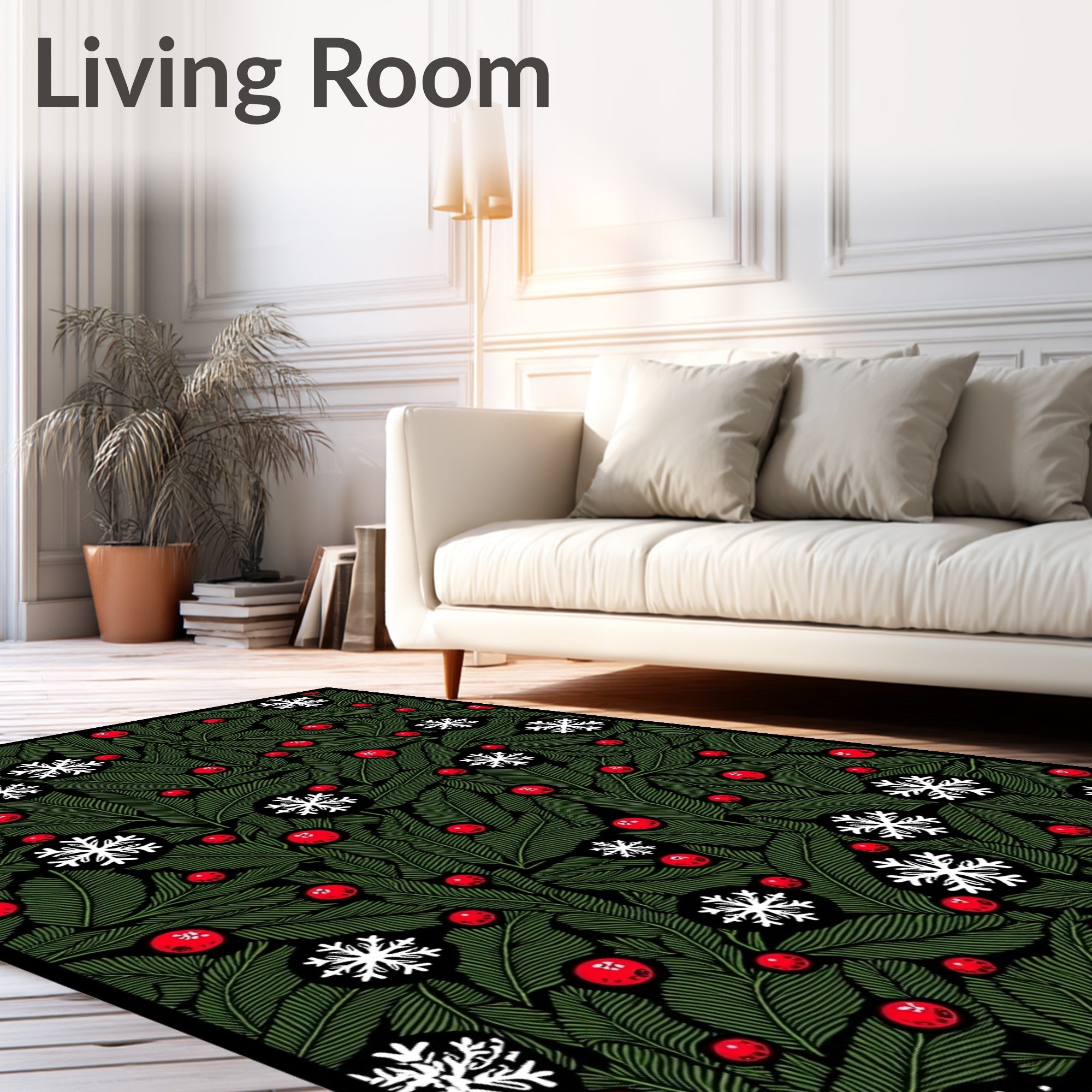 Festive Green Holly Snowflake Berry Rug