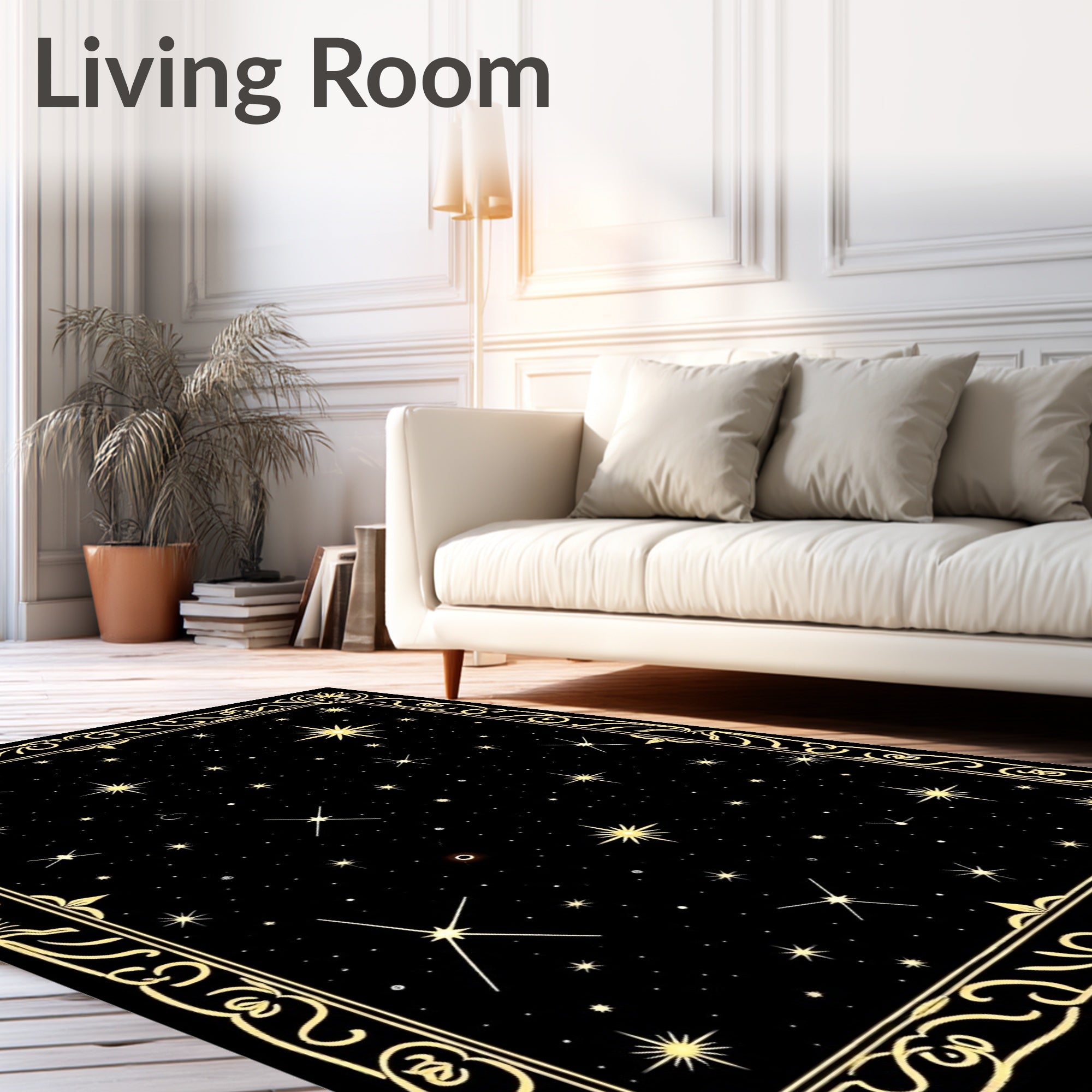 Golden Starry Night Celestial Border Rug
