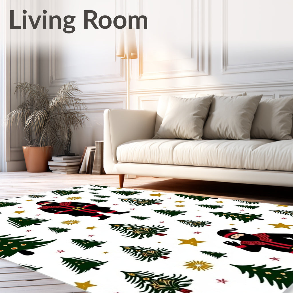 Festive Santa Claus Christmas Trees Stars Rug