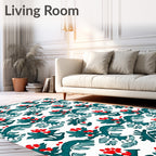Teal Red Berry Branch Repeating Pattern Rug