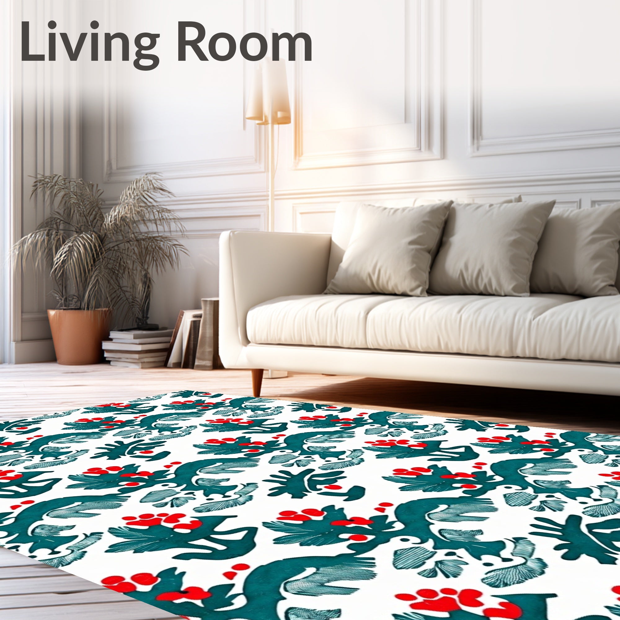 Teal Red Berry Branch Repeating Pattern Rug