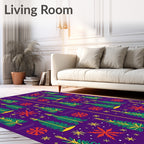 Festive Purple Christmas Trees Snowflakes Rug