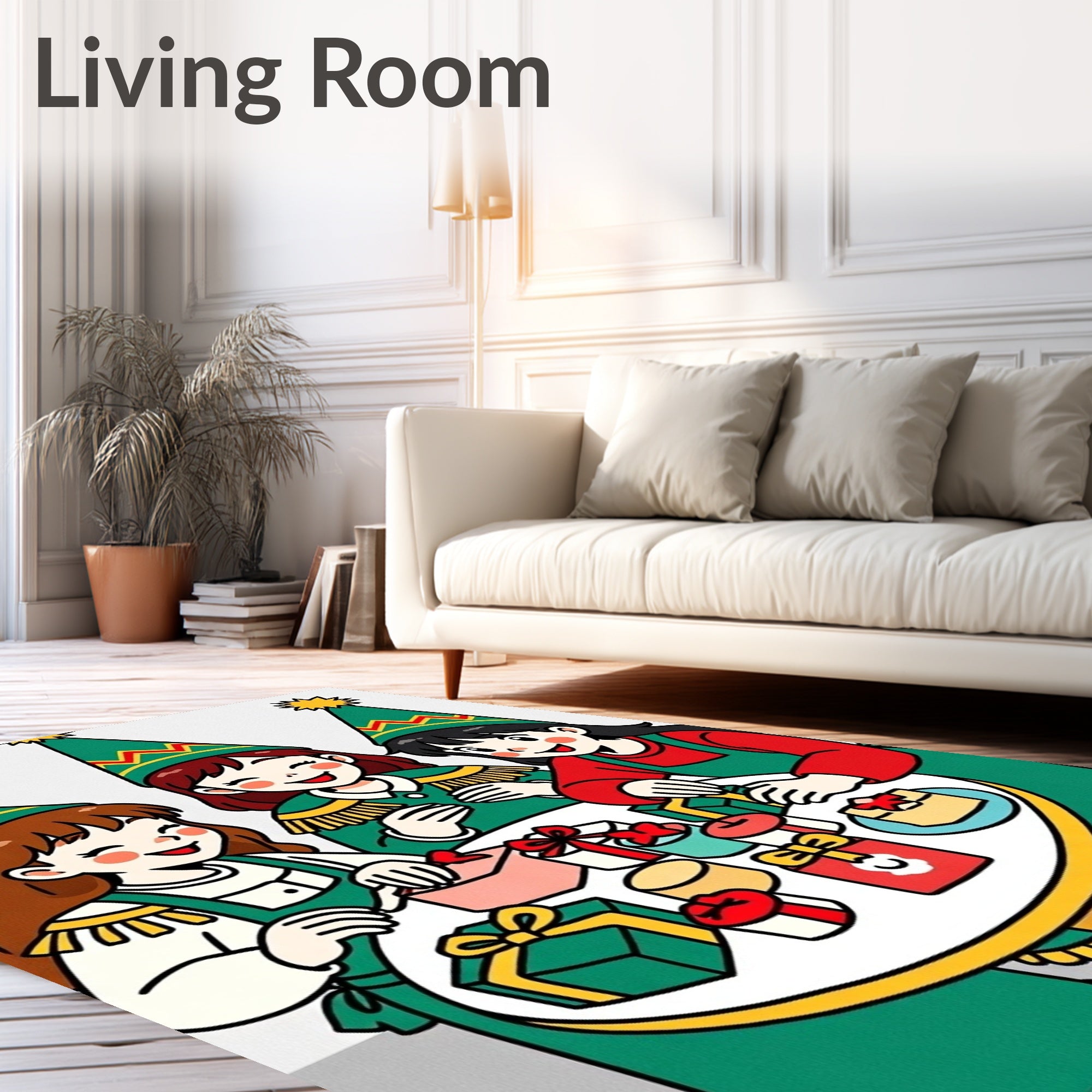 Festive Holiday Girls Gift Wrapping Scene Rug