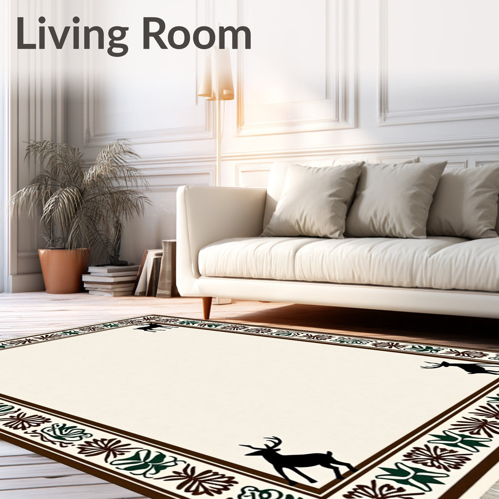 Rustic Brown Deer Floral Border Rug