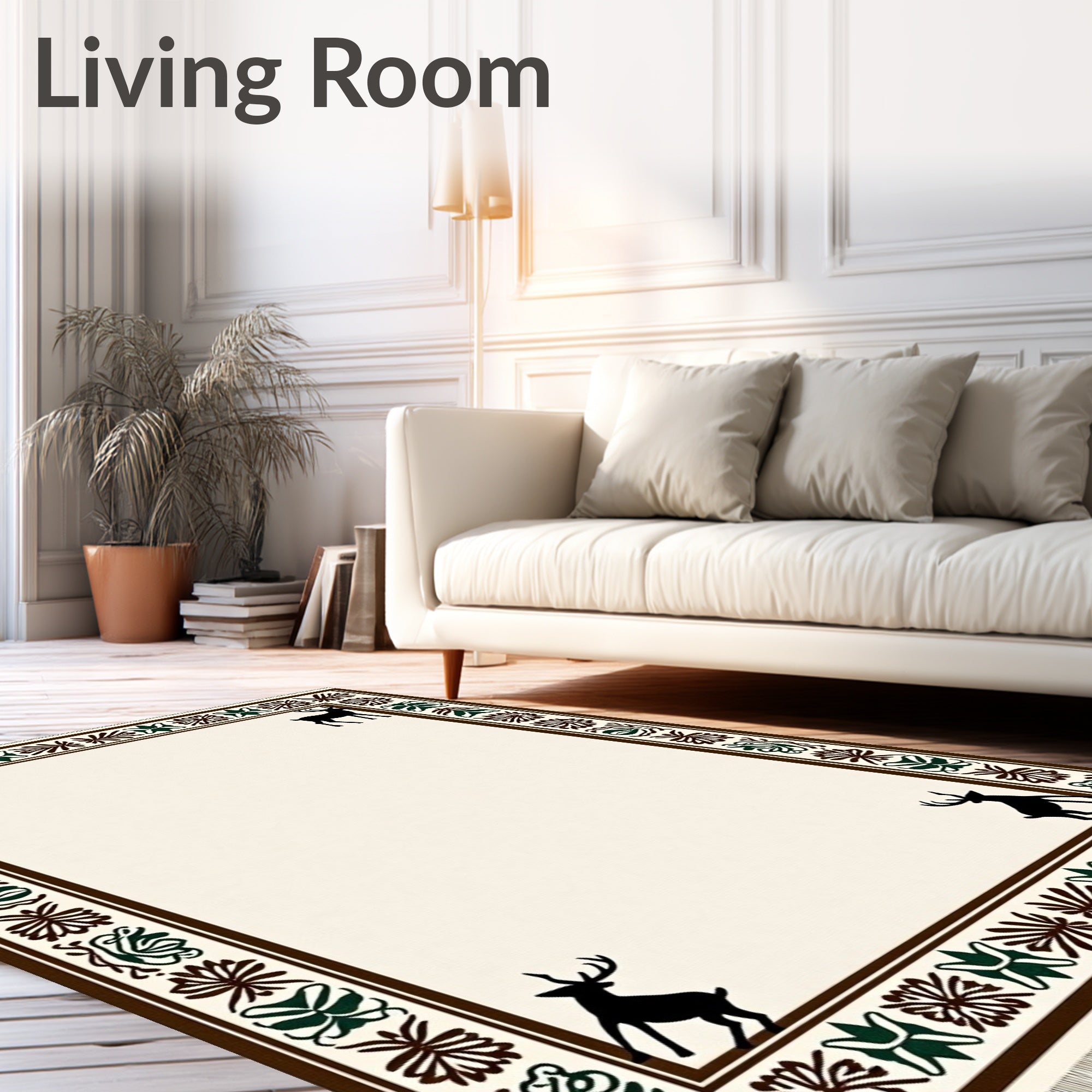 Rustic Brown Deer Floral Border Rug