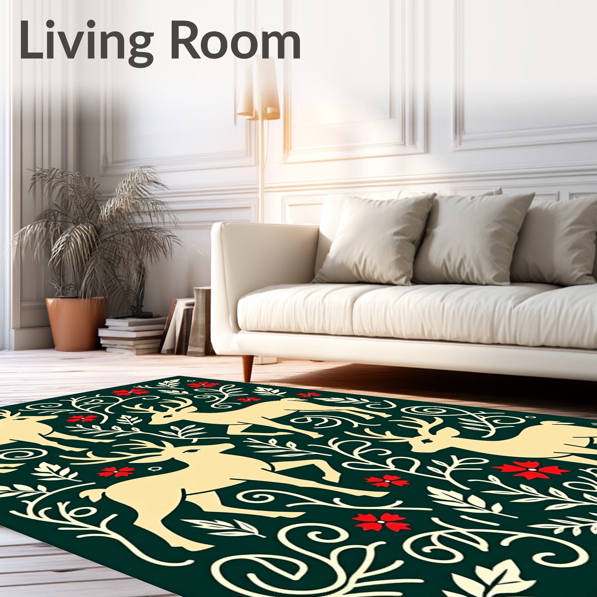 Cream Deer Red Floral Evergreen Meadow Rug