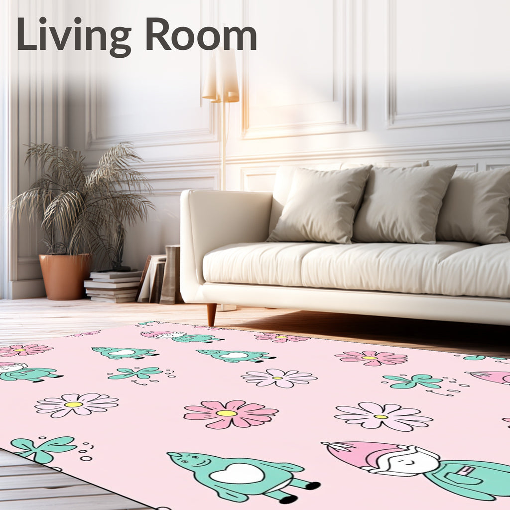 Pink Pastel Gnome Monster Floral Meadow Rug