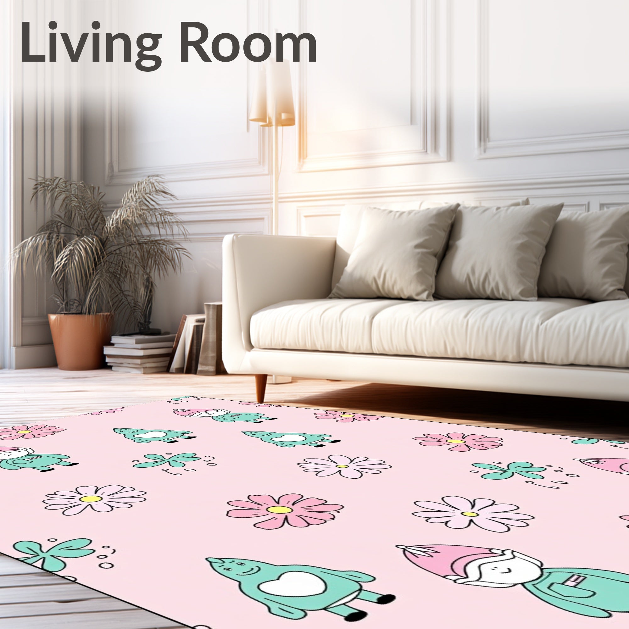 Pink Pastel Gnome Monster Floral Meadow Rug
