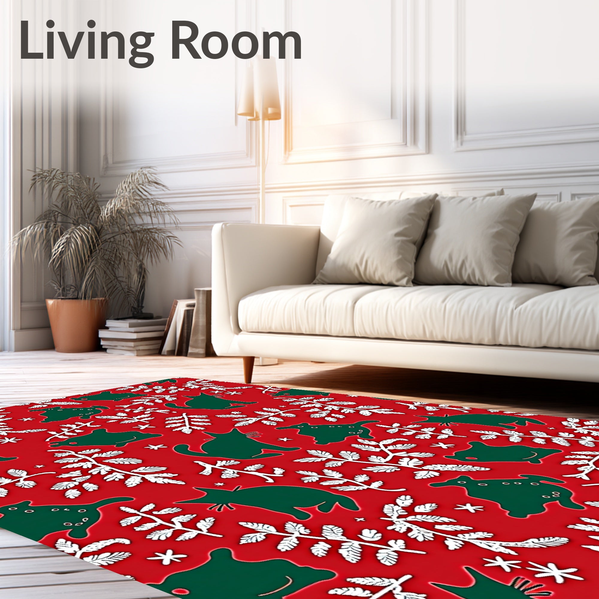 Whimsical Green Cats White Branches Red Rug