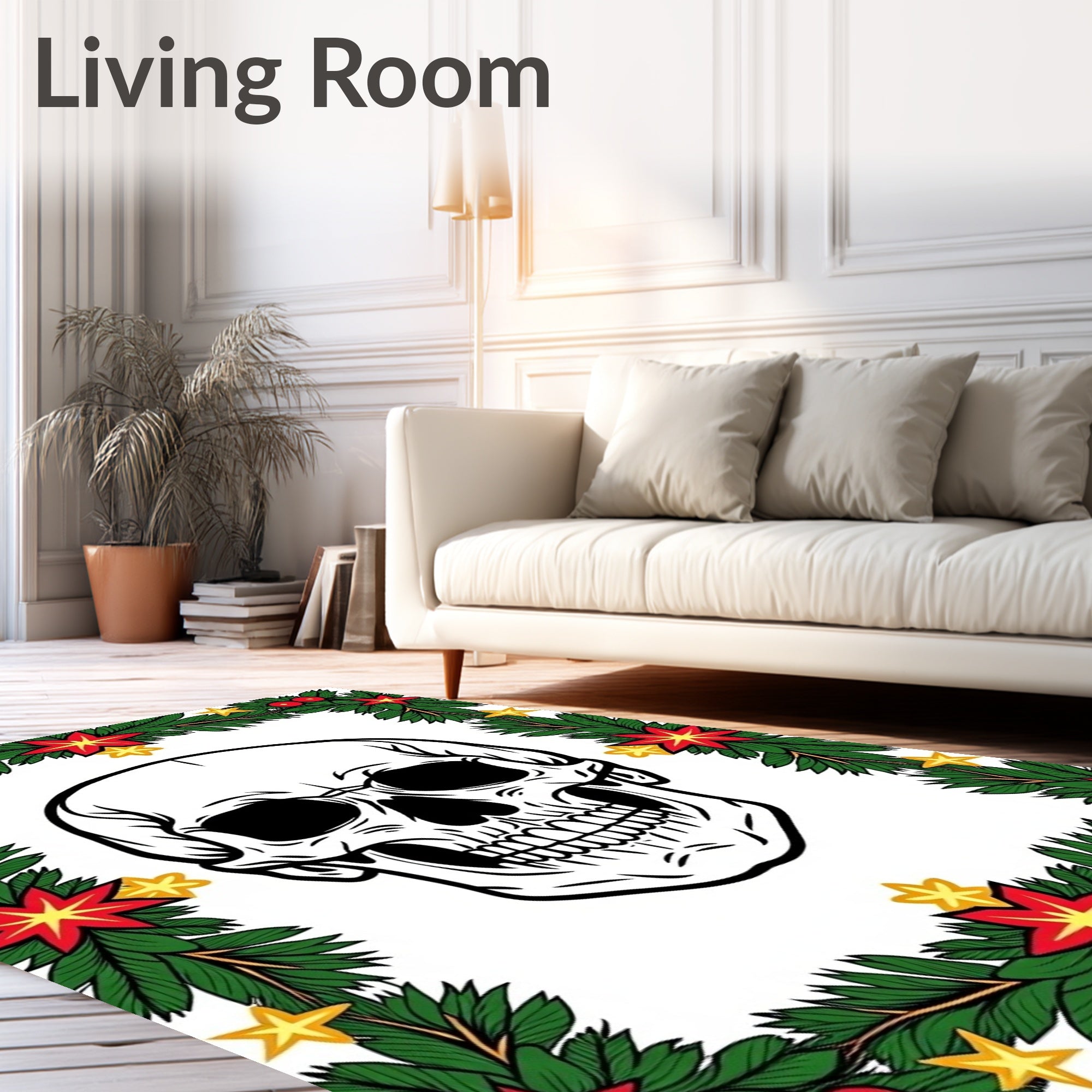 Macabre Skull Boughs Poinsettia Stars Rug