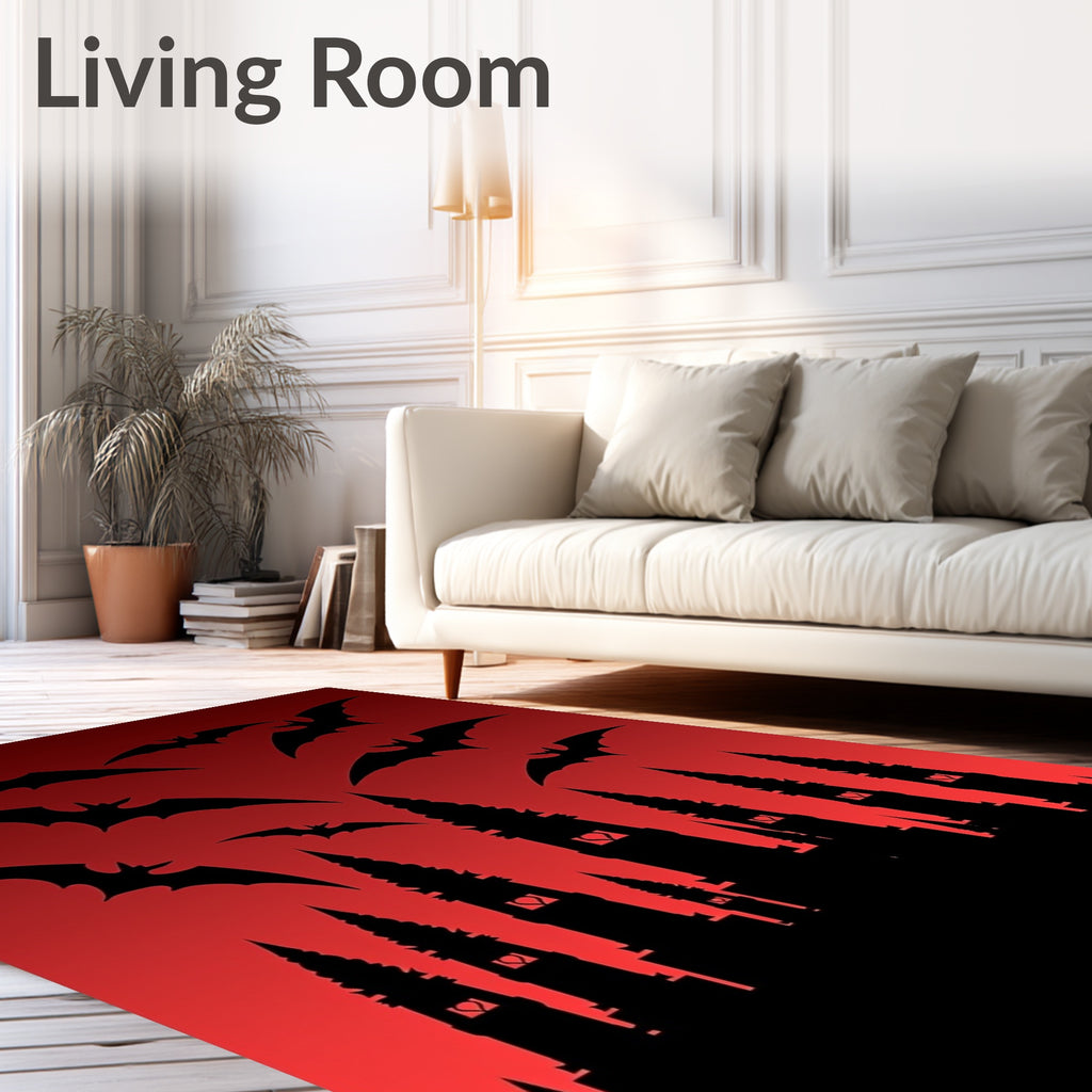 Spooky Black Bats Crimson Castle Skyline Rug
