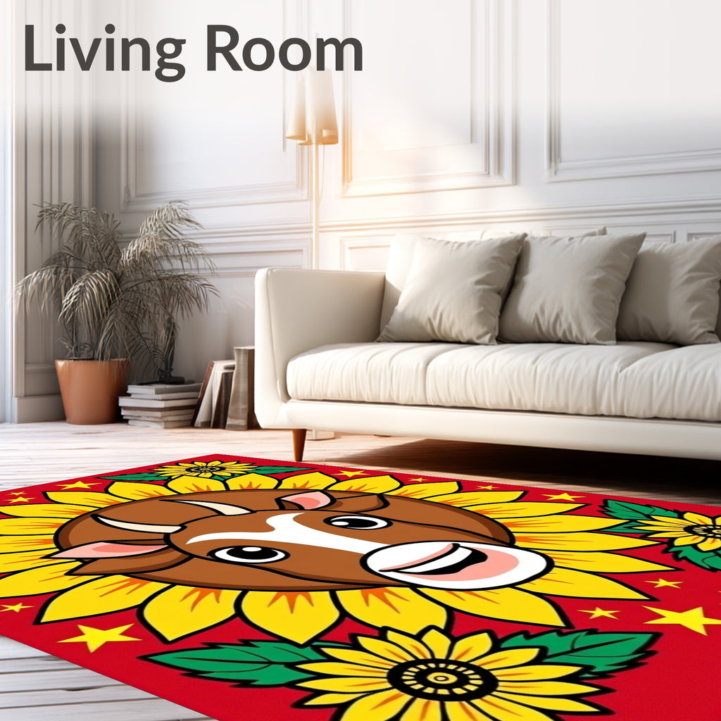 Whimsical Brown Cow Sunflower Garden Rug