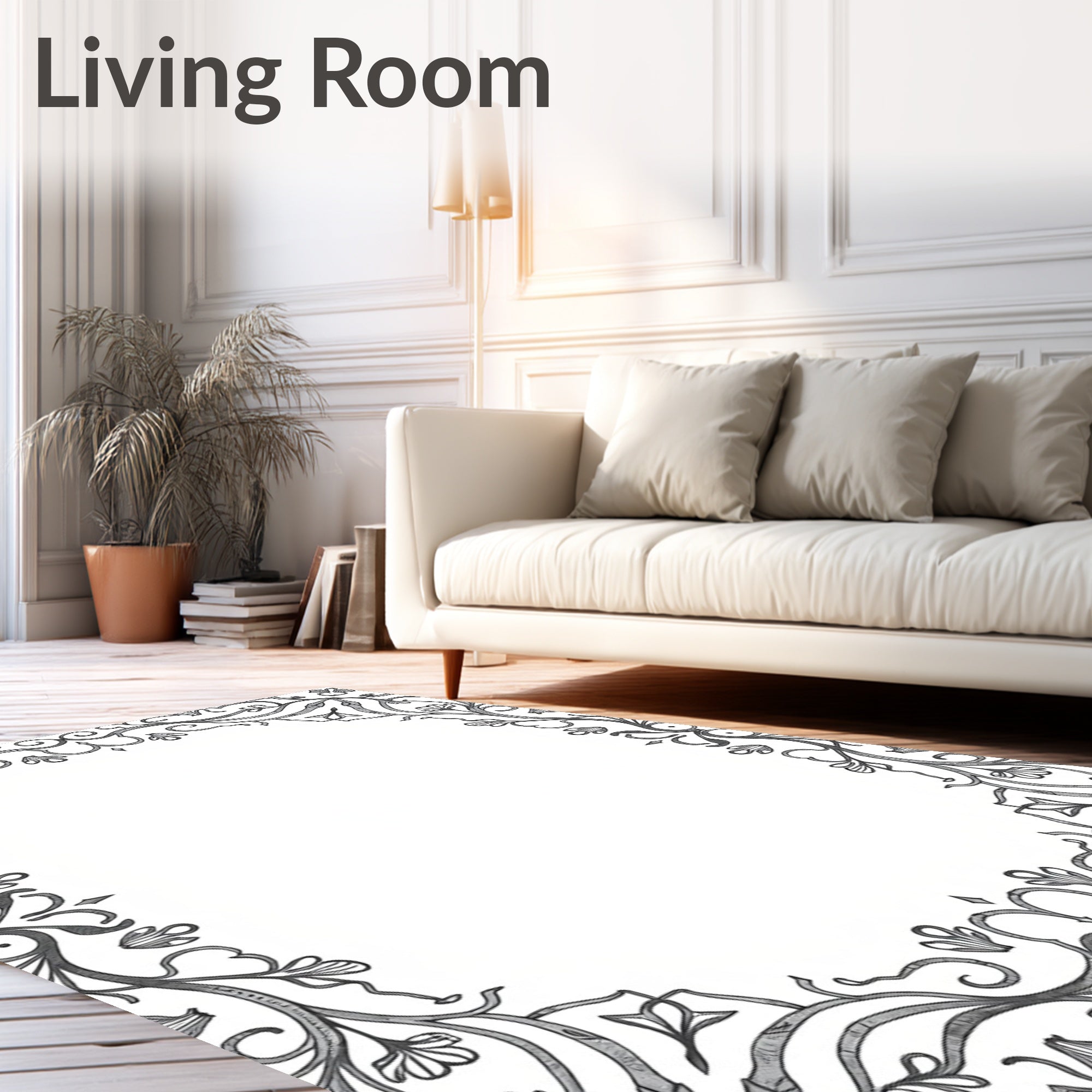 Ornate Gray Floral Leaf Swirl Rug