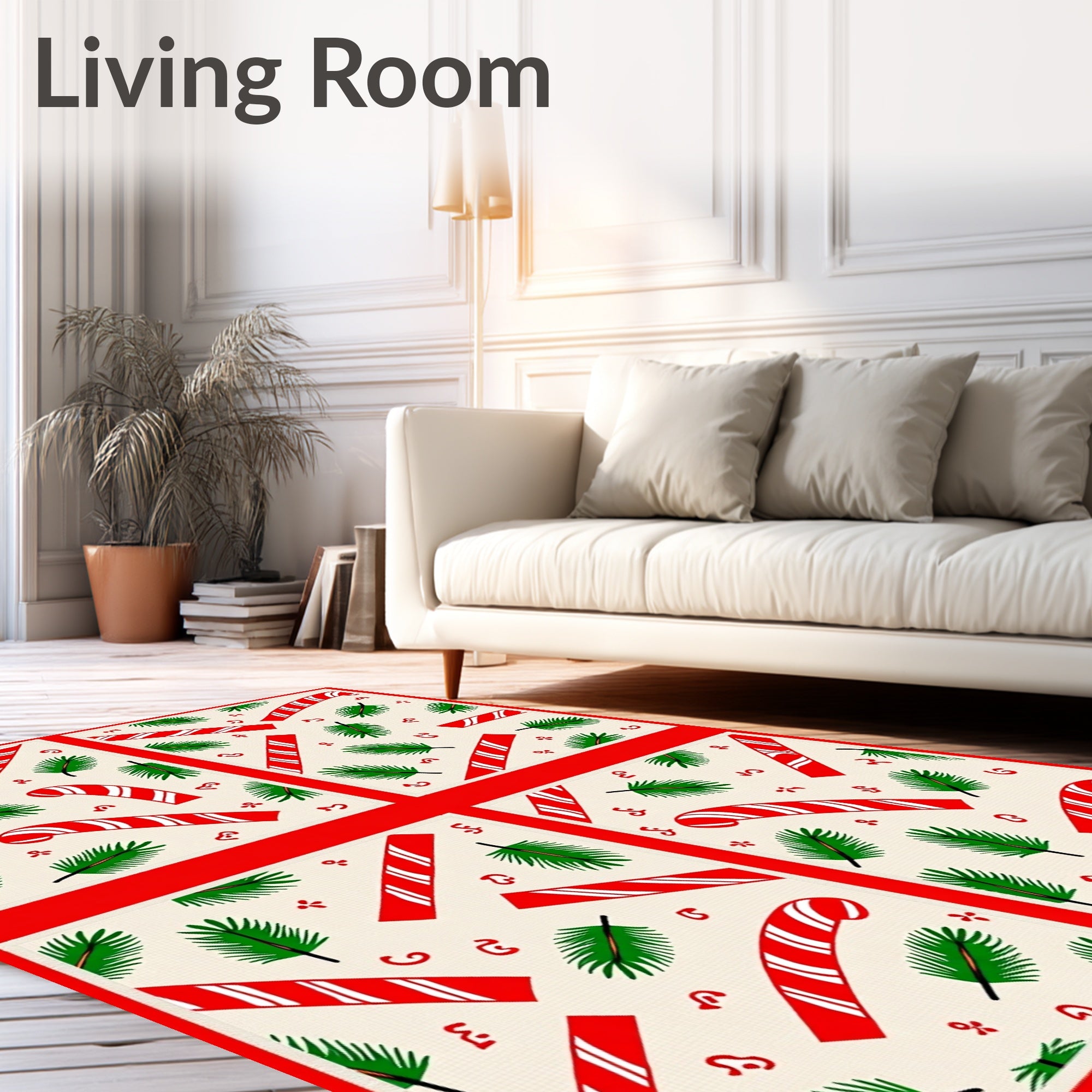 Festive Red White Candy Cane Pine Sprigs Rug