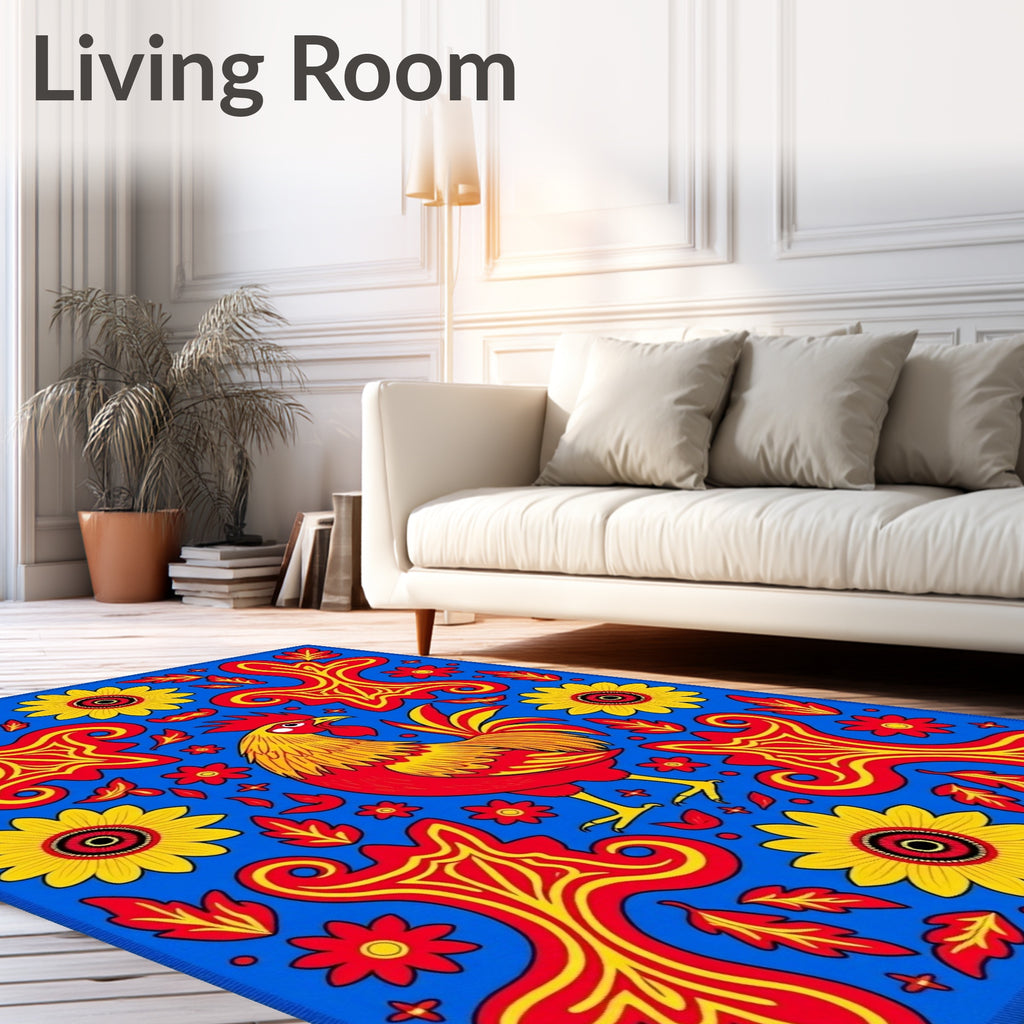 Bright Rooster Floral Swirl Blue Rug