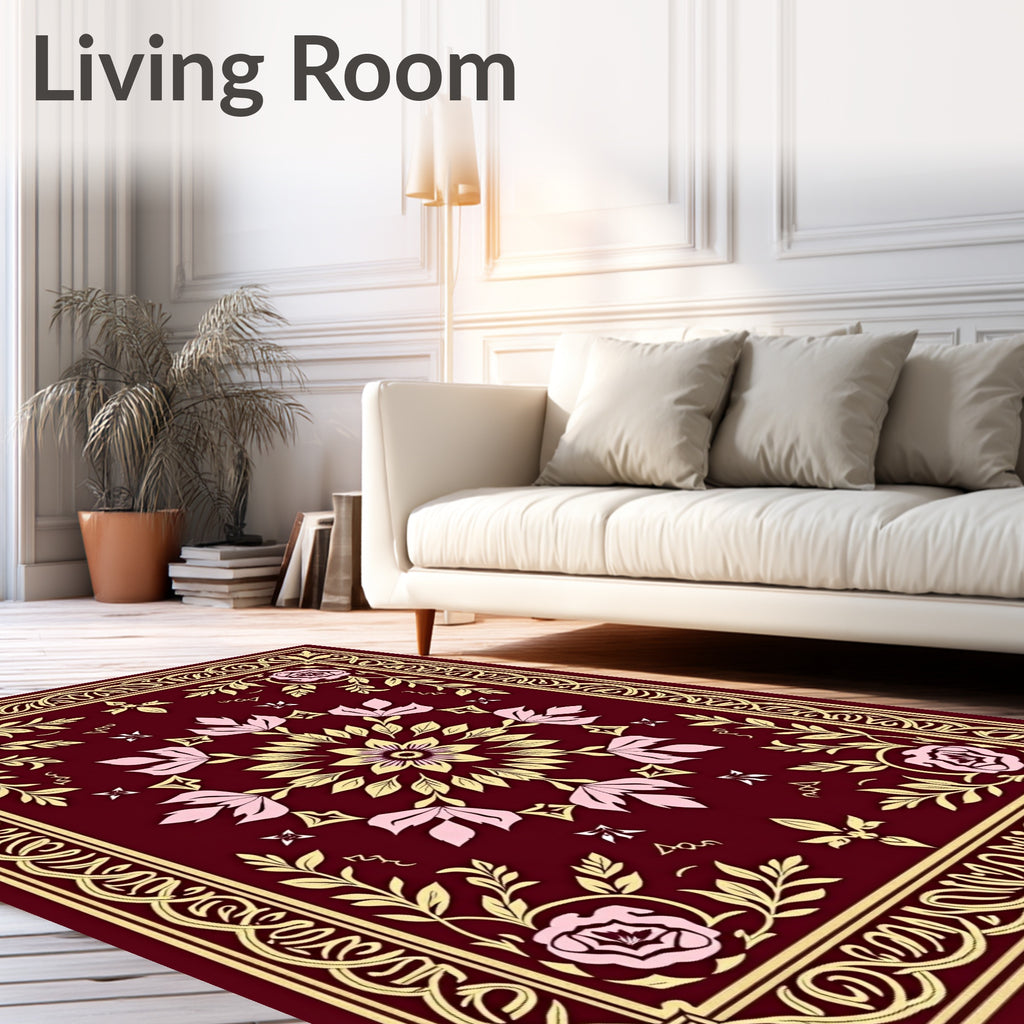 Crimson Rose Floral Medallion Border Rug
