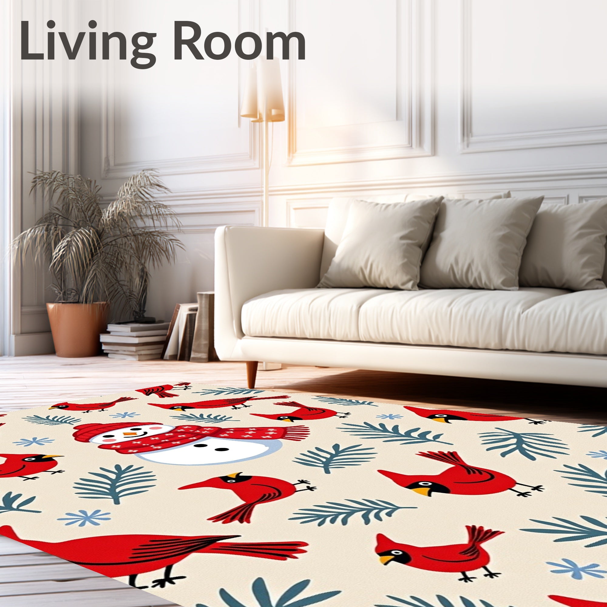 Charming Red Cardinals Snowman Winter Scene Rug