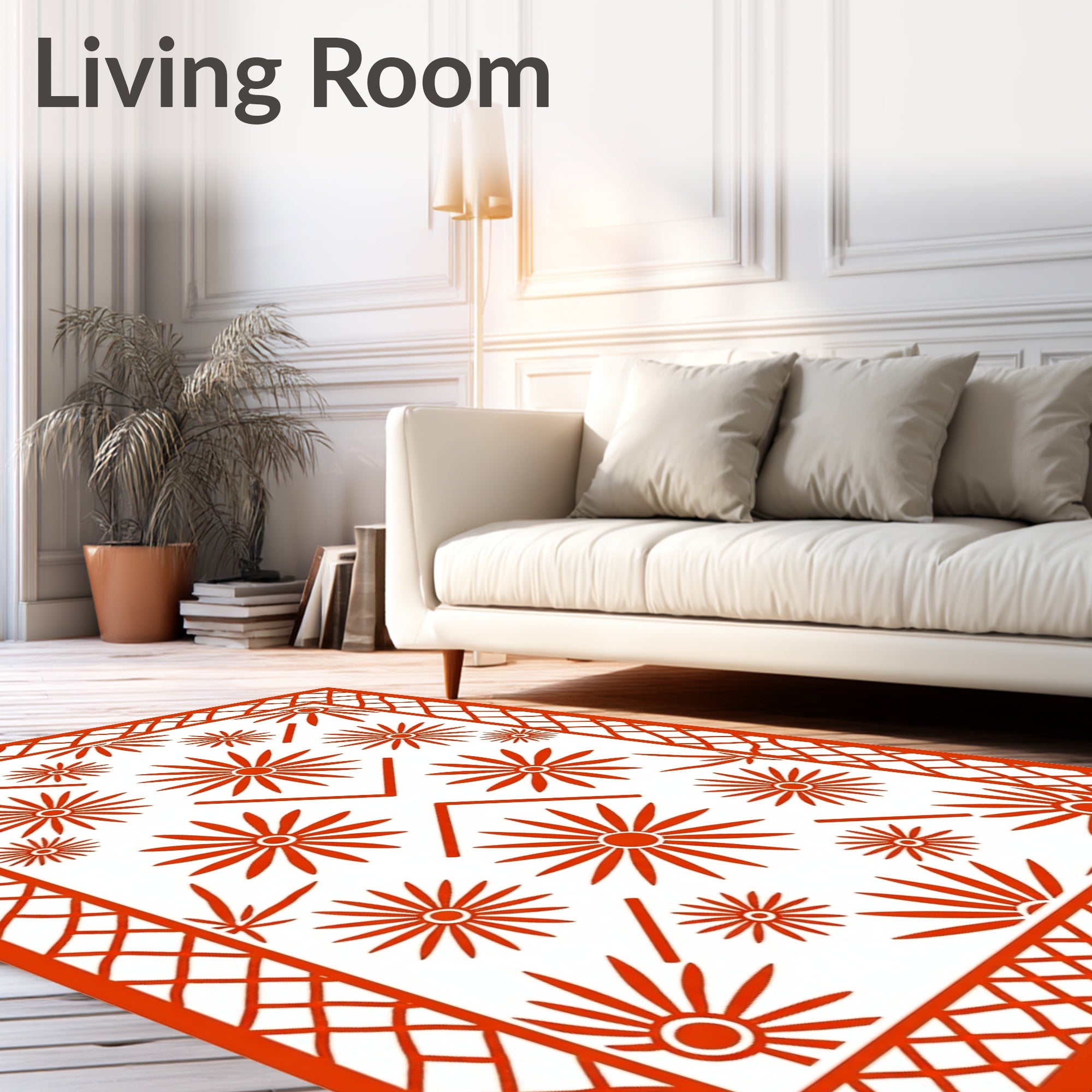 Red Sunburst Floral Diamond Border Rug