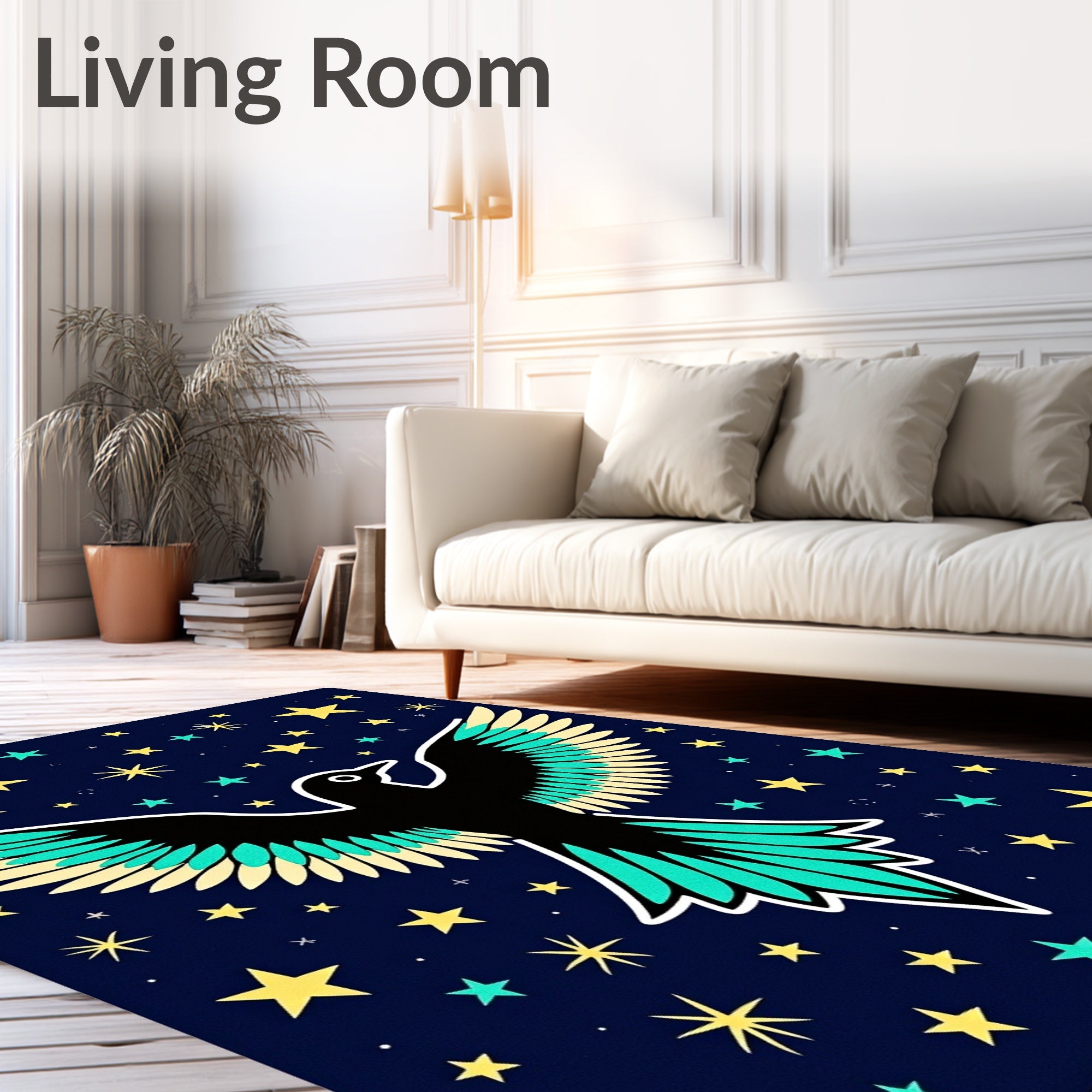 Black Bird Among Yellow Stars Rug