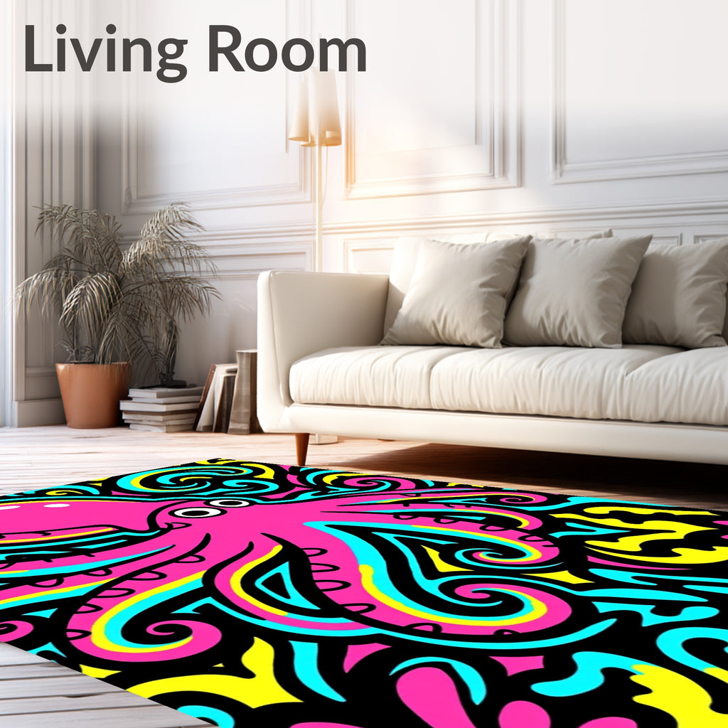 Pink Octopus Swirls Aqua Yellow Rug