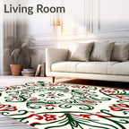 Crimson Green Curved Floral Medallion Rug
