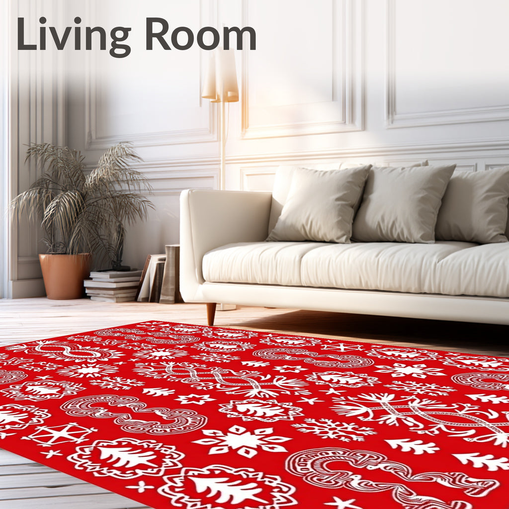 Crimson Festive Folk Art Trees Rug
