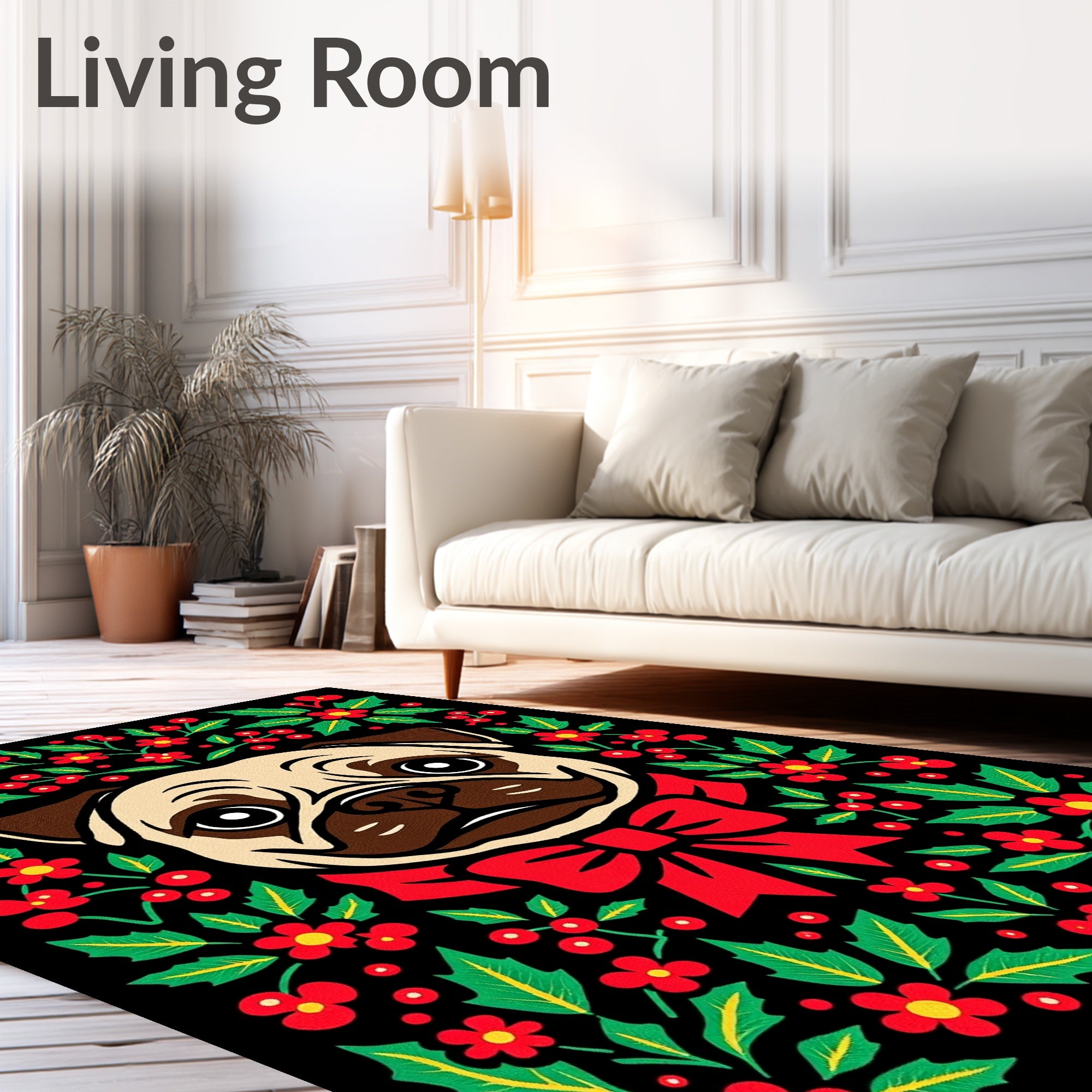 Pug With Red Holly Berry Bow Rug