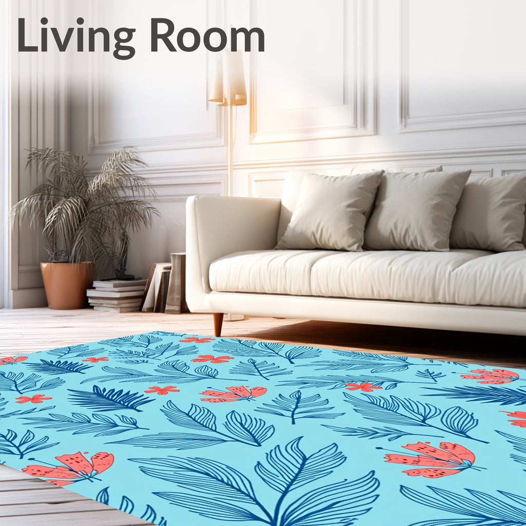 Coral Floral Blue Leaf Medley Rug