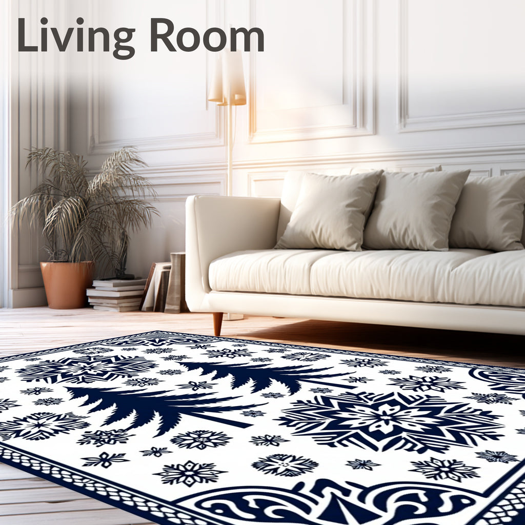 Deep Blue Snowflake Pine Forest Rug