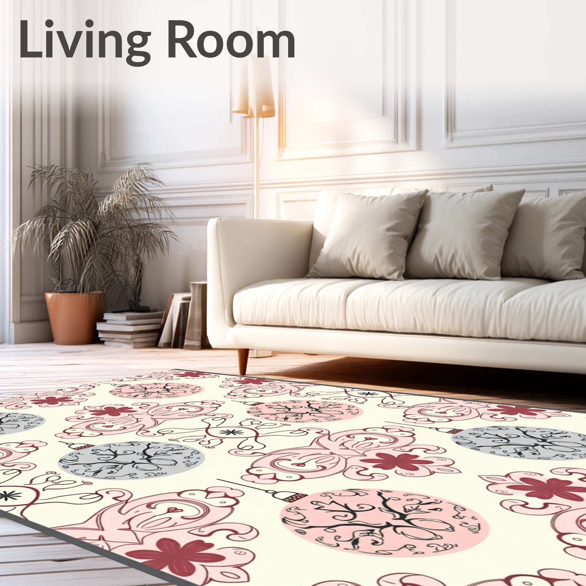 Pink Gray Festive Ornaments Repeating Pattern Rug
