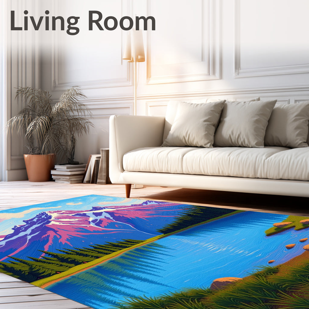 Vibrant Mountain Lake Woodland Scene Rug